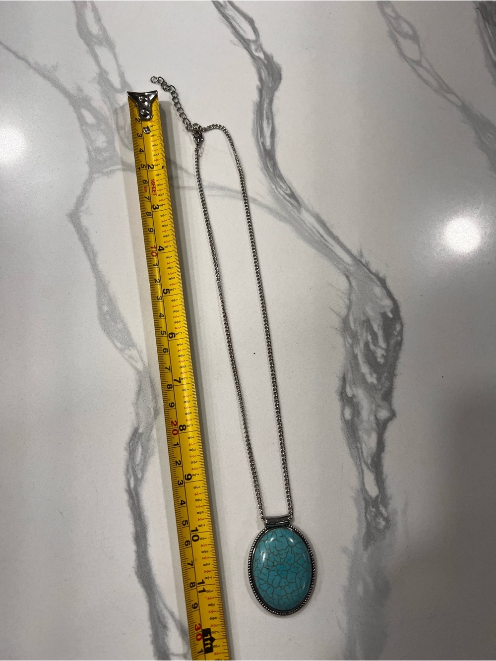 Turquoise Oval Pendant Necklace - Blue Silver Chain